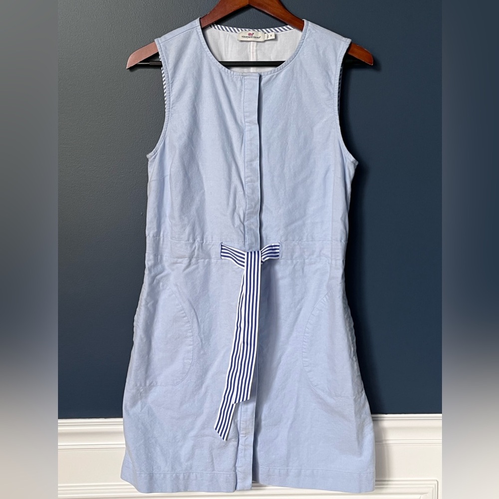 Vineyard Vines Blue White Shirt Dress Tie Front Button Up Front Size 8